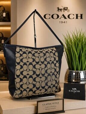 Coach Signature Canvas & Leather Tote Shoulder Bag in Navy/Tan